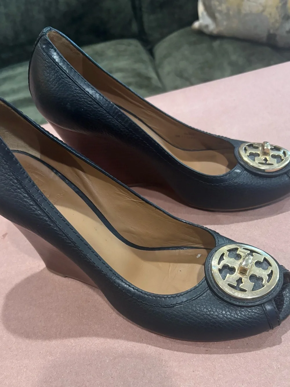 Tory Burch Selma Peep Toe Wedges-Black Pebbled Leather-Gold Logo Medallion 8M